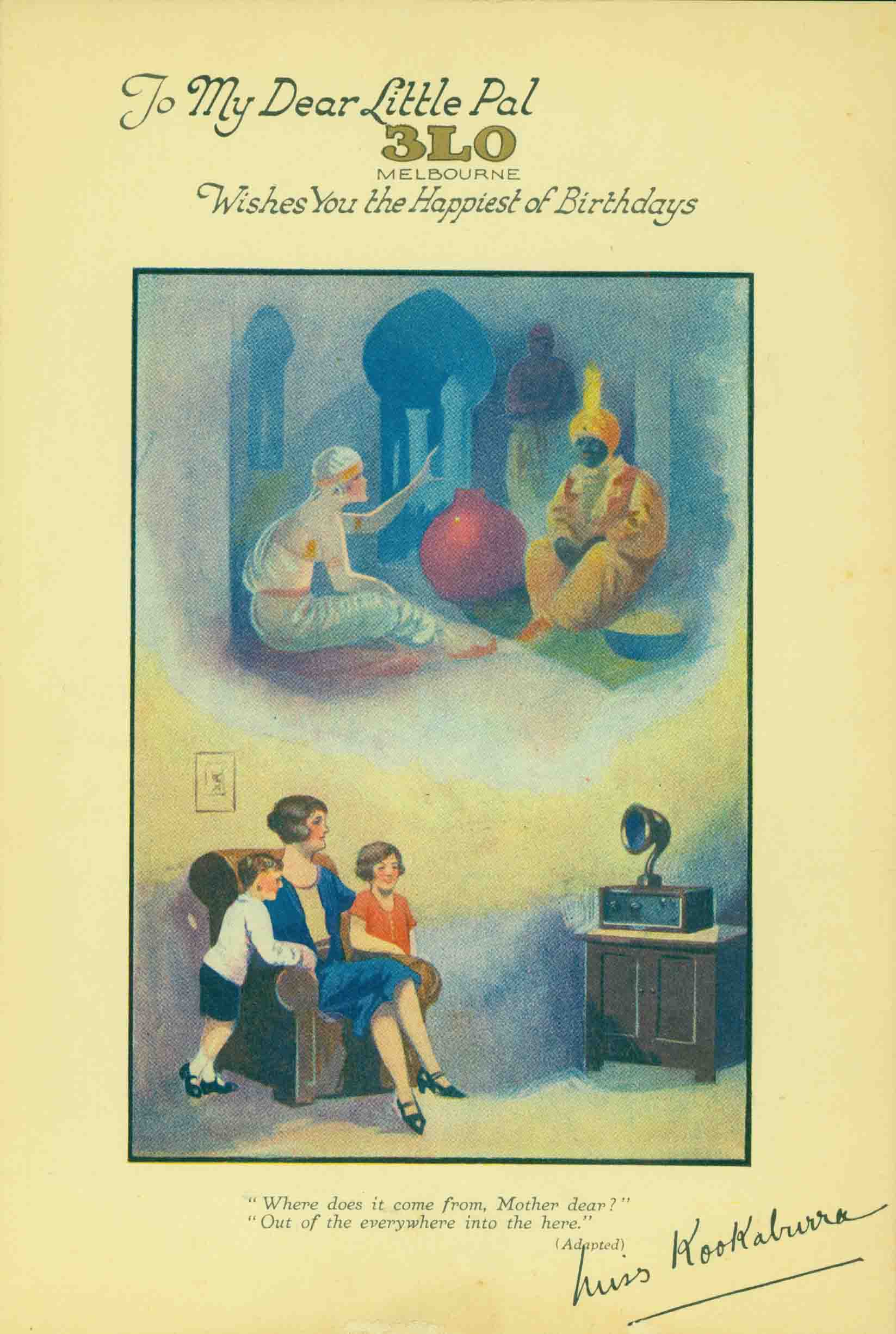 TO MY DEAR LITTLE PAL 3LO MELBOURNE WISHES YOU THE HAPPIEST OF BIRTHDAYS.