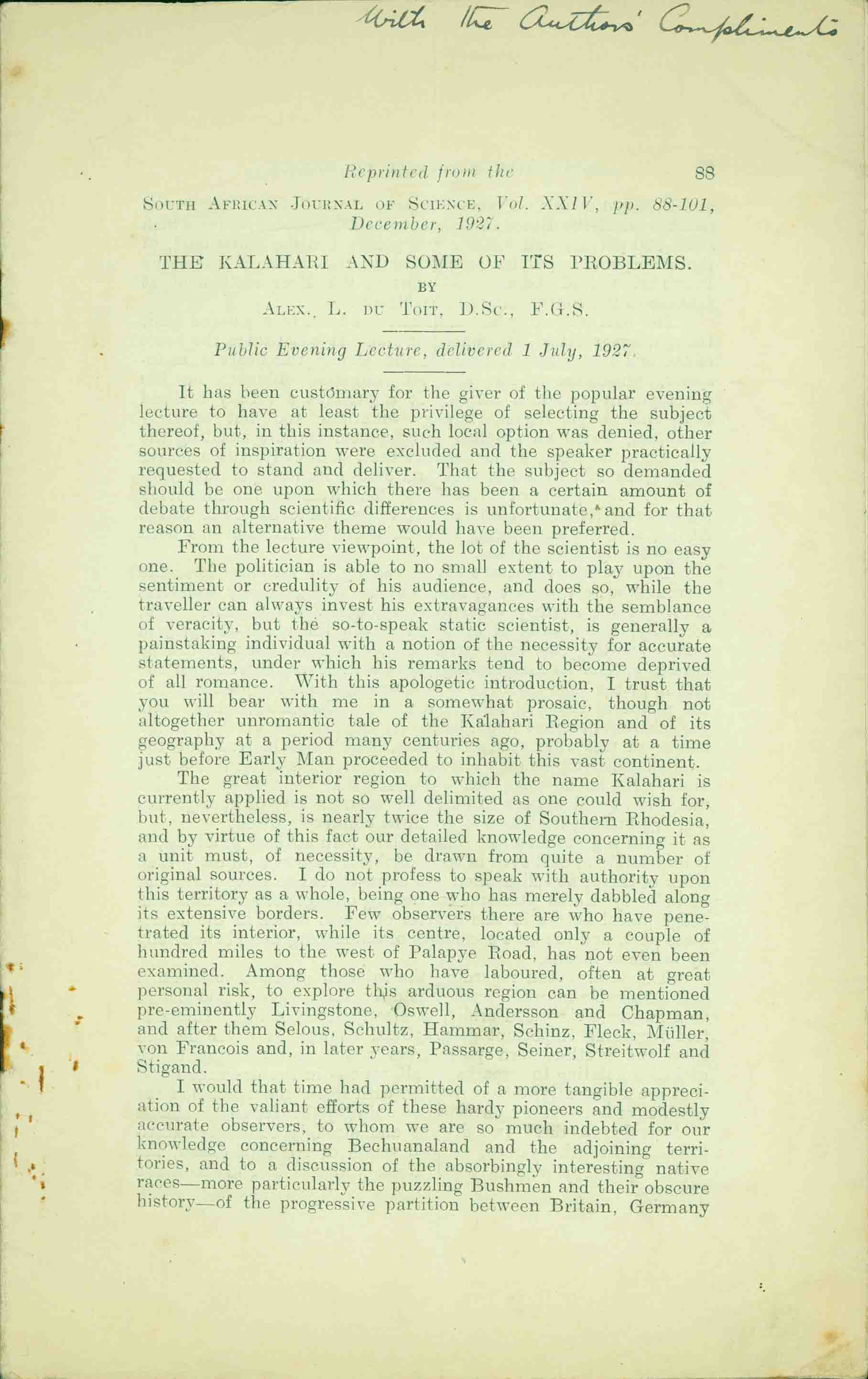 THE KALAHARI AND SOME OF ITS PROBLEMS.