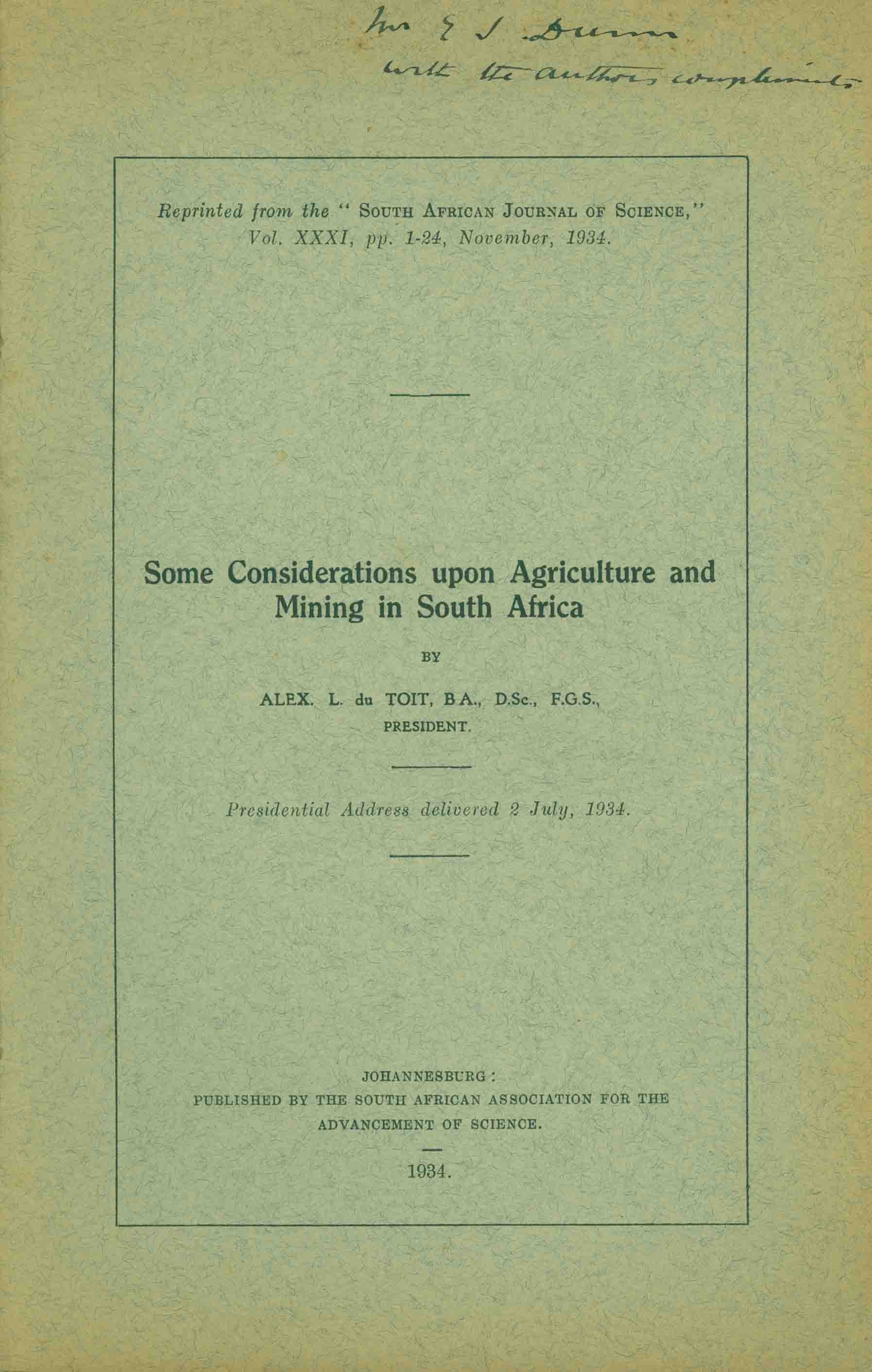 SOME CONSIDERATIONS UPON AGRICULTURE AND MINING IN SOUTH AFRICA.
