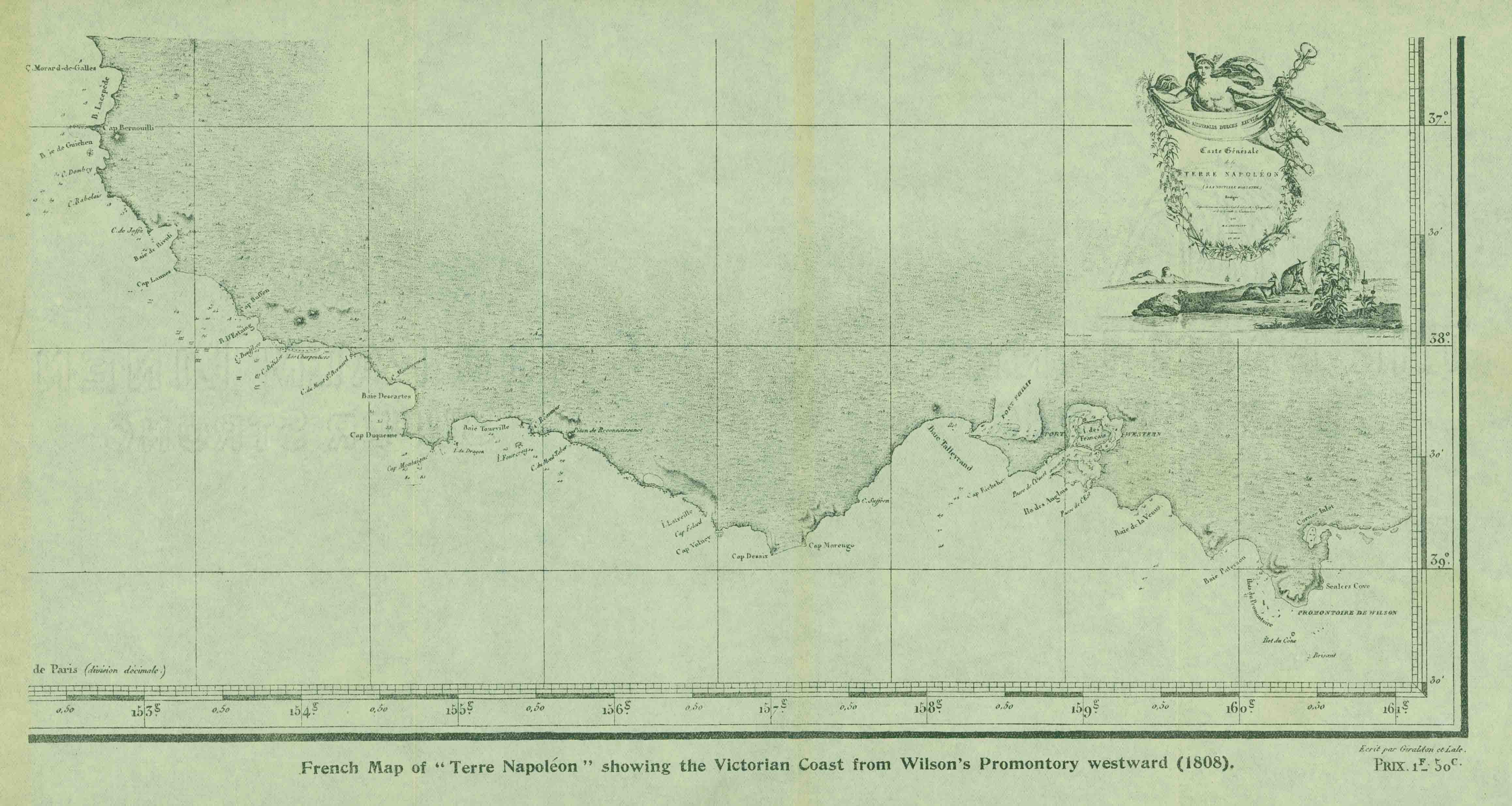 FRENCH MAP OF TERRE NAPOLEON SHOWING THE VICTORIAN COAST FROM WILSON'S PROMONTORY WESTWARD (1808).