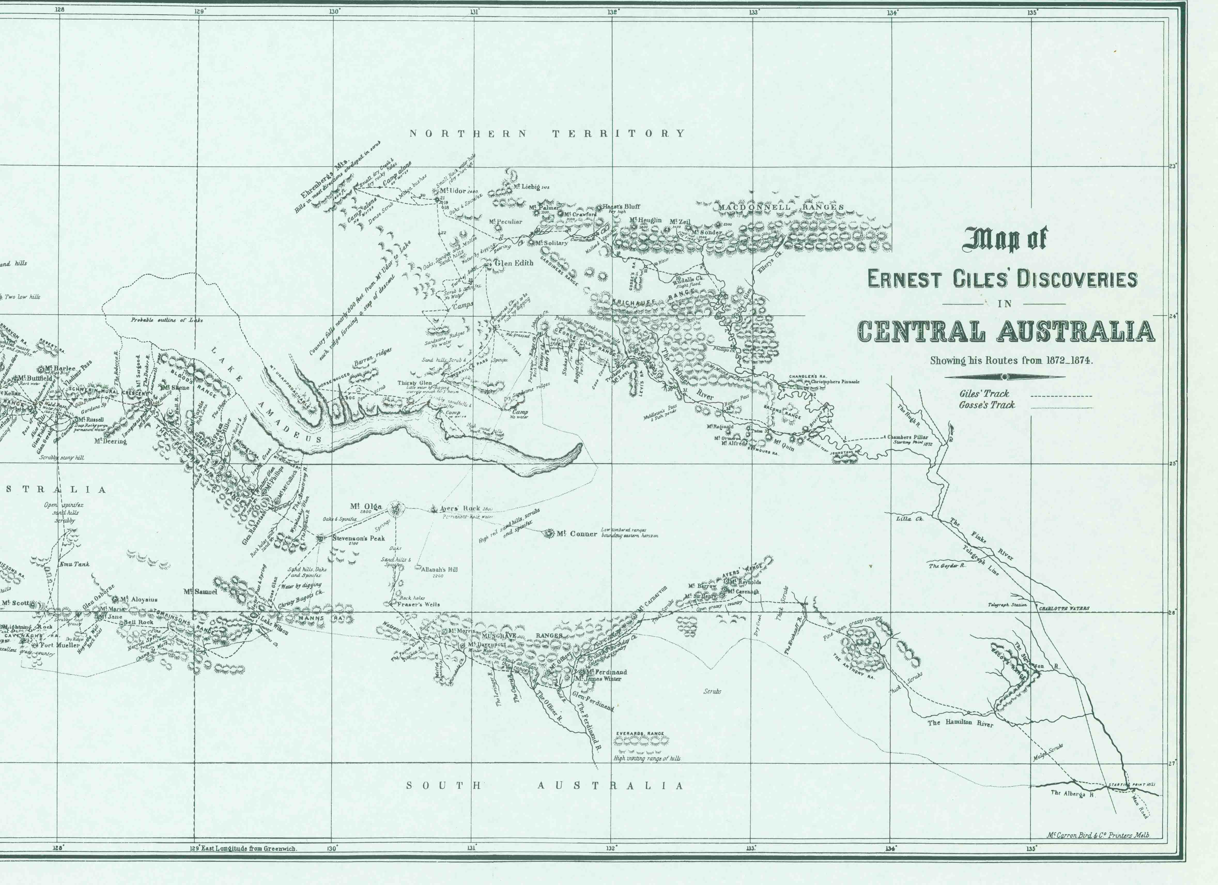 MAP OF ERNEST GILES' DISCOVERIES IN CENTRAL AUSTRALIA