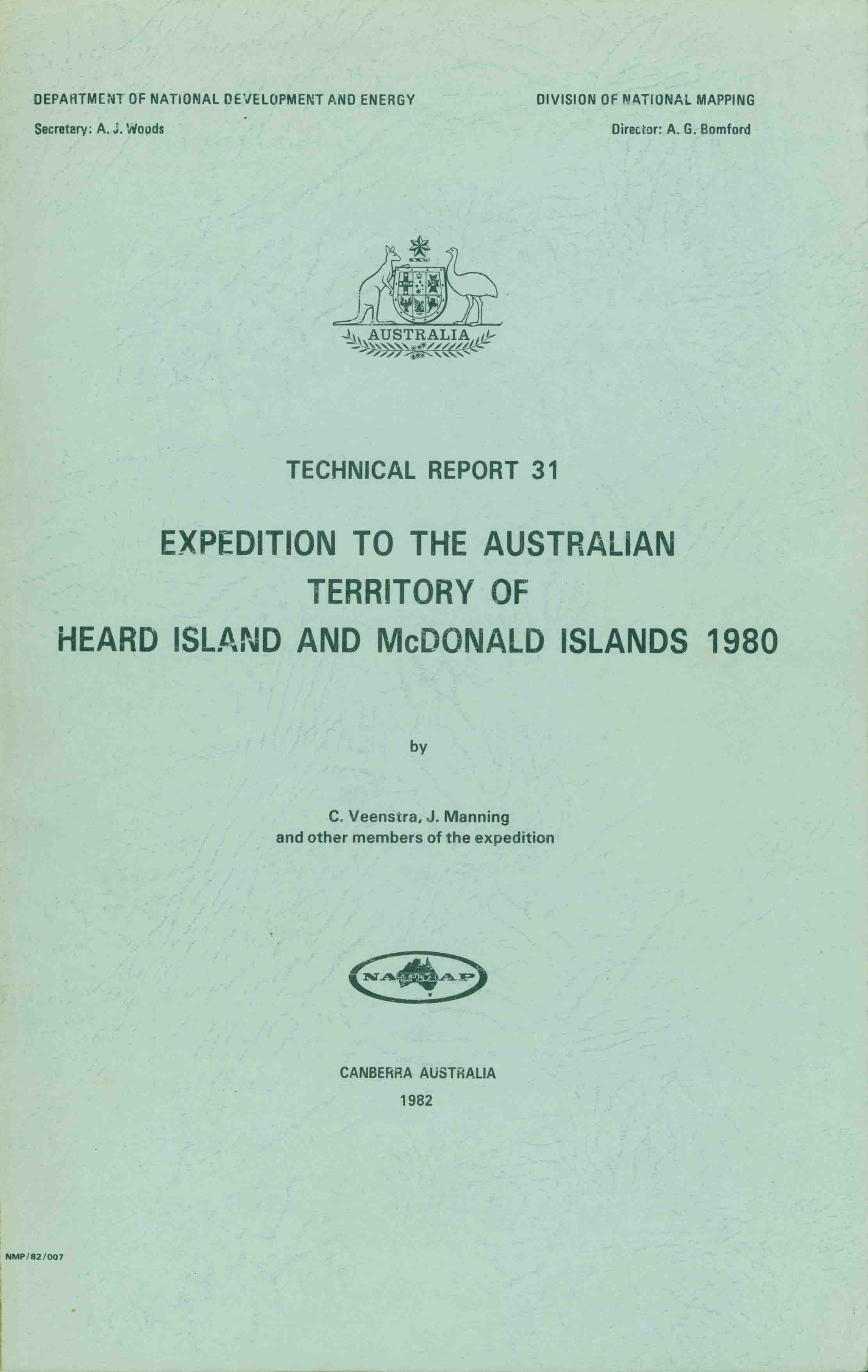 EXPEDITION TO THE AUSTRALIAN TERRITORY OF HEARD ISLAND AND McDONALD ISLANDS 1980.